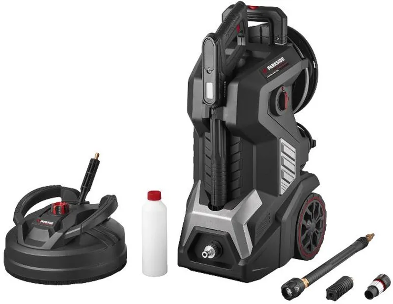 Hogedrukreiniger 180 bar - Vermogen: 3000 W - Wateropbrengst: 600 l/u - 98Db - Inclusief 4 opzetstukken zoals een turbovuilfrees, oppervlaktereiniger en schuimsproeier de Parkside – image du produit