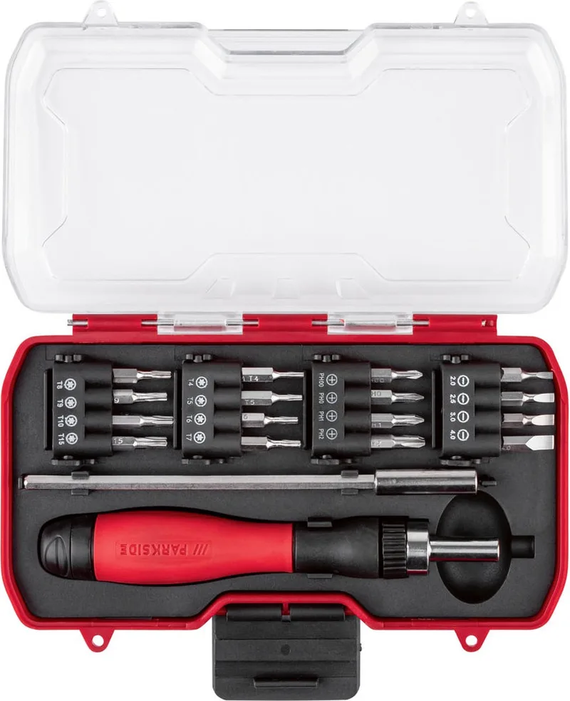 Kleingereedschapsset - 18 Delig - Bits - Kleine, complete set gereedschap voor elke beginnende klusser - 1x schroevendraaiergreep - 1x magnetisch verlengstuk - Draaimoment: max. 15 Nm - 16x bits von Parkside – Produktbild