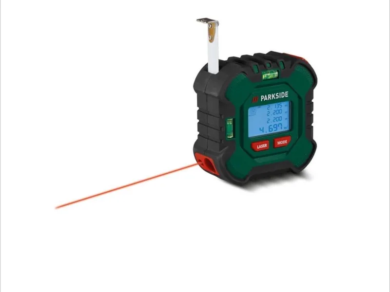 Laser-afstandsmeter met rolmaat - 50 meter - Rolbandmaat met automatisch rolmechanisme, vergrendelingsknop en laser de Parkside – image du produit