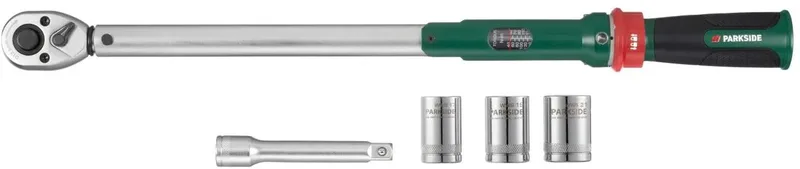 Momentsleutel 1/2" - Draaimomentsleutelset - Inclusief: 125 mm verlengstuk - Aanspankracht instelbaar 40-210 - Nm - Gecontroleerd aandraaien van schroefverbindingen met rechtsdraad - 5 delig - In praktische opbergbox de Parkside – image du produit