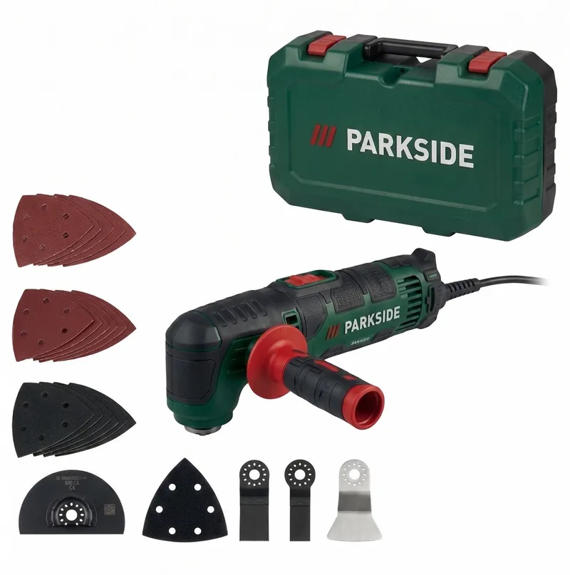 Multifunctioneel gereedschap 310 W - Multitool geschikt voor talloze toepassingen zoals zagen, slijpen, schaven en schuren - Inclusief 18x schuurbladen, schaafmes, 2x zaagbladen, 1x segmentzaagblad, deltaschuurplaat, stofafzuigkanaal van Parkside – productafbeelding