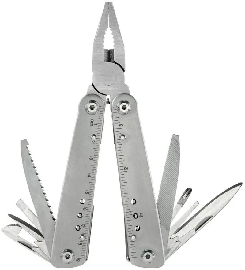 Multitool - 13-in-1: o.a. tang, schroevendraaier, zaag, blikopener en meer - Multitool met tas - 13 functies in één gereedschap - Met gereedschapsvergrendeling - Meet schaal in centimeters en inches - 3-in-1 tang de Parkside, Argent – image du produit