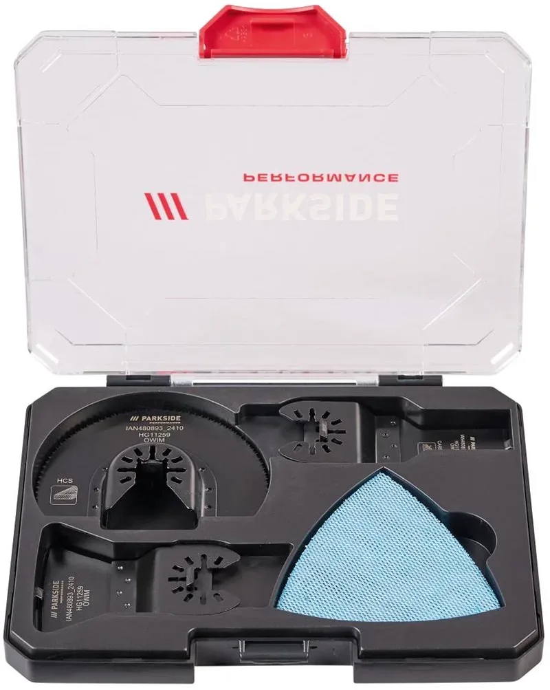 Multitool accessoires - Houtbewerking - Ideaal voor sloop-, loodgieters- en renovatiewerkzaamheden - 8 delige set - voor zagen en schuren - Incl. 1 hardmetalen zaagblad, 1 segment-halfrond zaagblad, 1 trekmes, 5 x schuurpapier van Parkside – productafbeelding