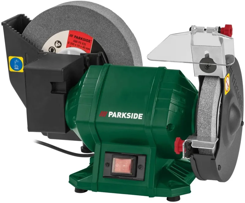 Nat / Droog Slijpmachine - Vermogen: 250 W - Toerental: 129,5 tpm | 2980 tpm - Slijpschijven: Ø200 mm | Ø150 mm - Langzaam lopende natslijpschijf - Snellopende droogslijpschijf - Geluidsarme en trillingsarme werking von Parkside – Produktbild
