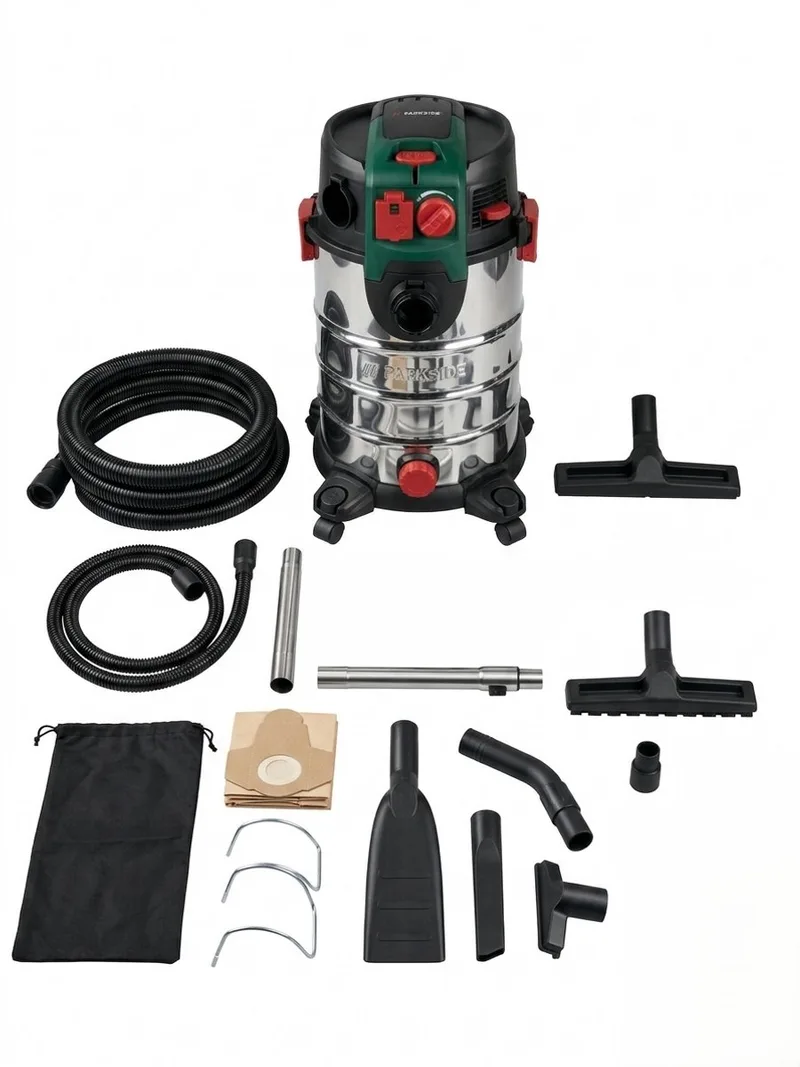 Nat-/droogzuiger 1500W - Ketelstofzuiger - Zuigvermogen: max. 260 Airwatt - Zuigkracht: max. 181 mbar - Inhoud reservoir: 30 l - Traploos instelbare luchtstroom - Werkradius tot 9 m - Extra stopcontact från Parkside – produktbild