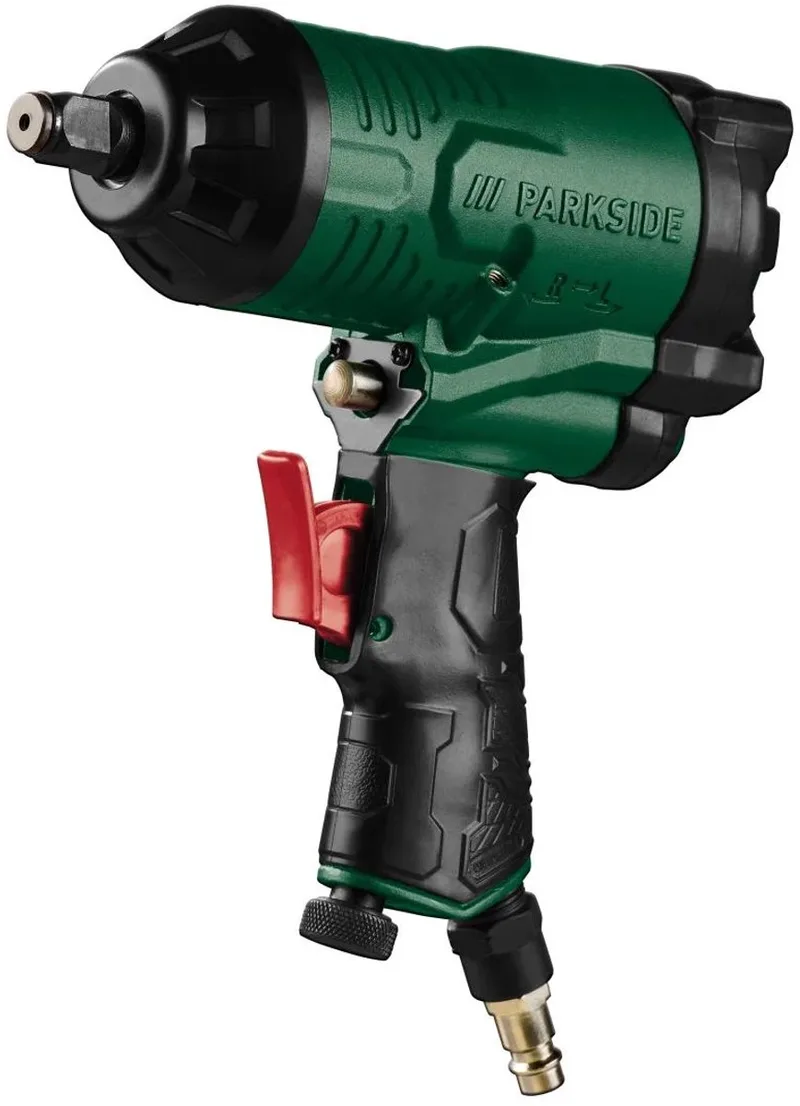 Perslucht slagmoersleutel - Toerental: 7000 tpm - Max. draaimoment: 310 Nm - Max. werkdruk: 6,3 bar - Inclusief 10 steekopzetstukken, 1 verlengingsopzetstuk, 1 steeknippel 6,35 mm (¼“), 1 leidingoliër, persluchtolie, 1 inbussleutel de Parkside – image du produit