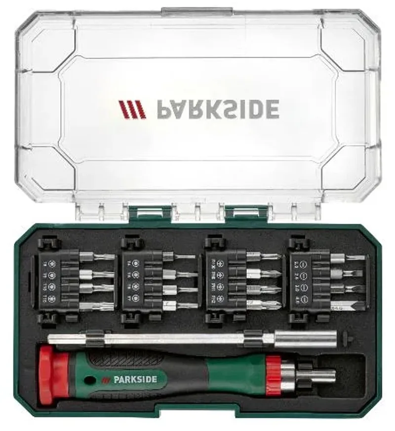 Precisie gereedschapset 18 delig - Schroevendraaierset - 1x schroevendraaier, 1x magnetische verlenging, 16x bits (28 mm) (18-delig) de Parkside, Vert – image du produit