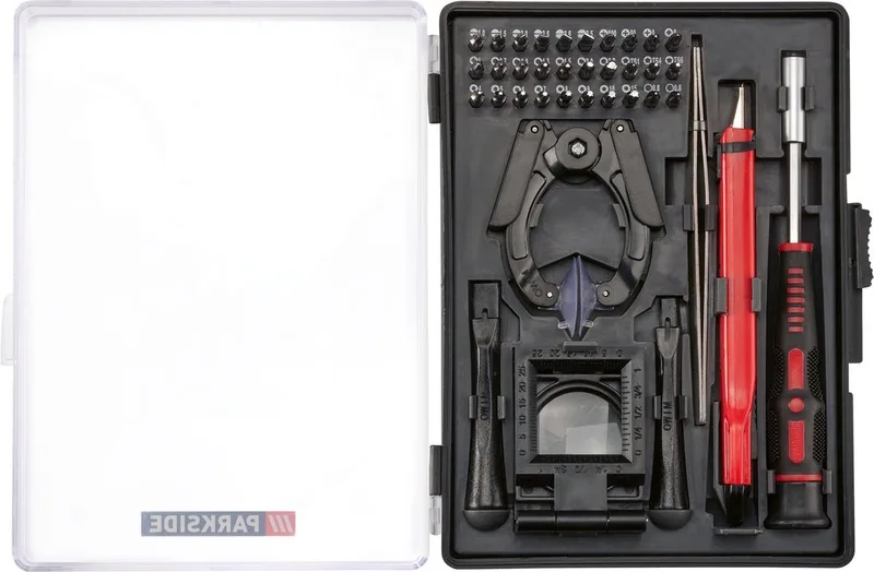 Precisie Gereedschapset - Set: 37 delig - Zuignapklem - 2x openingsgereedschap van kunststof - Hobbymes met 9 mm lemmet - Standloep, 2,5x vergroting - Magnetische zeskant-bithouder - Pincet van RVS - 30x magnetische precisiebits, 28 mm fra Parkside, Rød – produktbillede