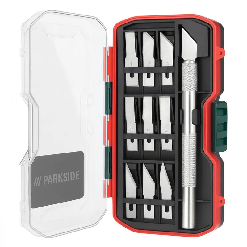 Precisie Hobbymes Set – 10-Delige Scalpelset met Vervangbare Mesjes – DIY Snijgereedschap voor Hobby, Modelbouw en Handwerken – Inclusief Opbergdoos de Parkside, Argent – image du produit