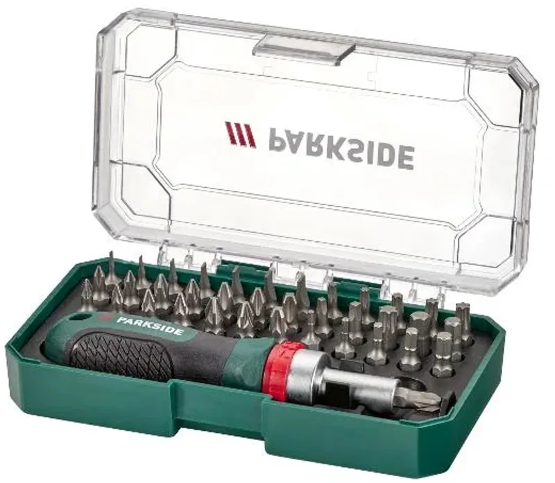 Ratel schroeven draaierset - 1x ratelschroevendraaier, 37x bits (25 mm) (38-delig) de Parkside, Argent – image du produit