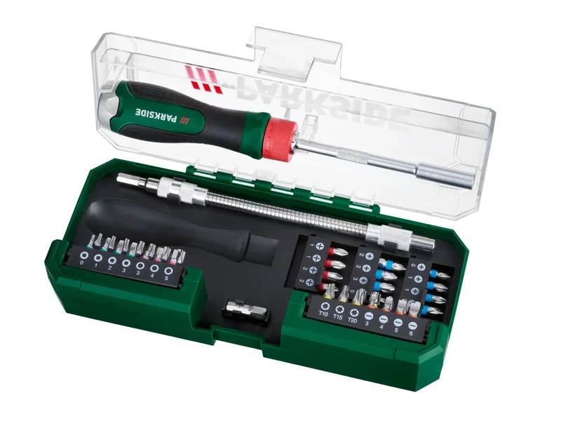 Ratschen-Schraubendreher Bit-Set, in praktischer Kunststoffbox de Parkside – image du produit