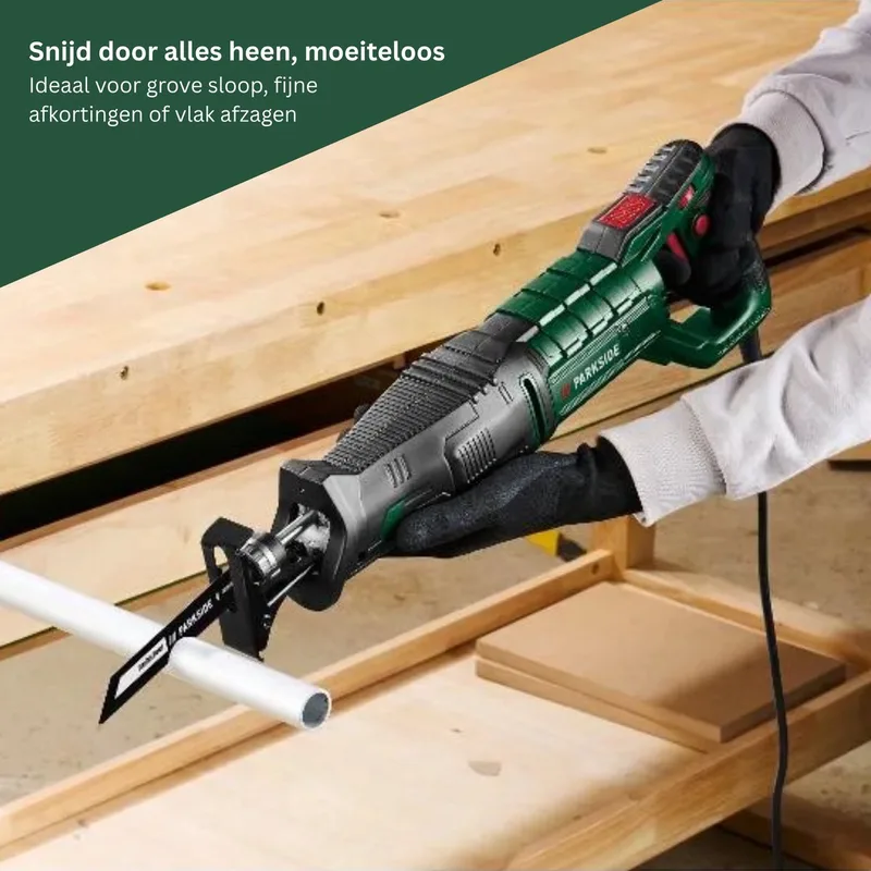 Reciprozaag 850 W - Toerental: 0/2800 tpm - Slaglengte: 28 mm - Zaagdiepte: max. 200 mm (hout) | 20 mm (metaal) - Inclusief 1 houtzaagblad en 1 metaalzaagblad de Parkside – image du produit