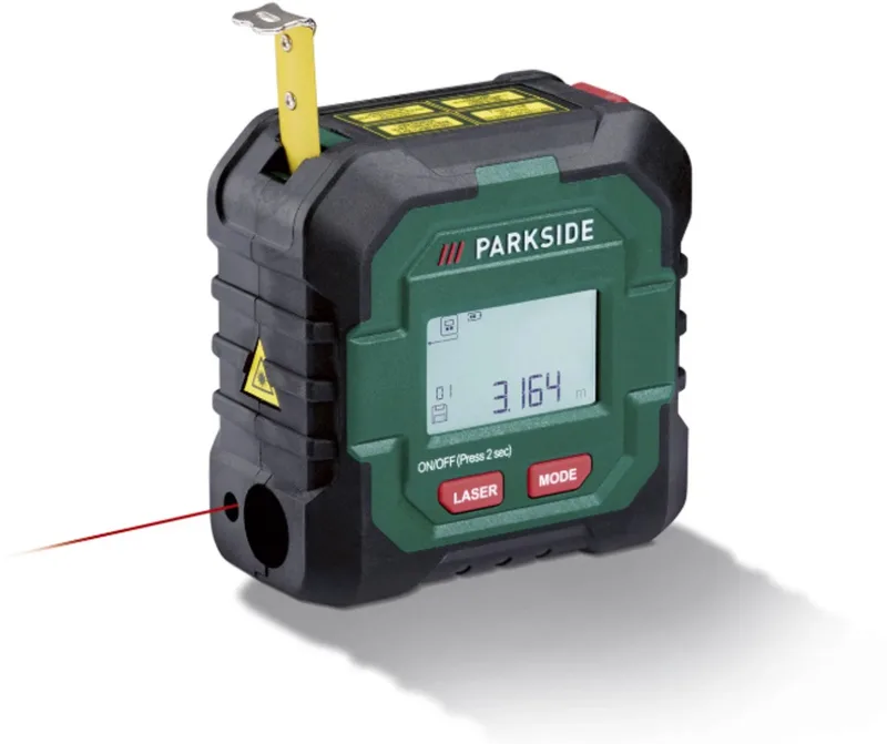 Rolmaat - Afstandsmeter - Multifunctionele Digitale Laser en rolmaat - Elektrische Rolmaat - Geïntegreerde Accu - Laser bereik tot 50M by Parkside, Green – product image