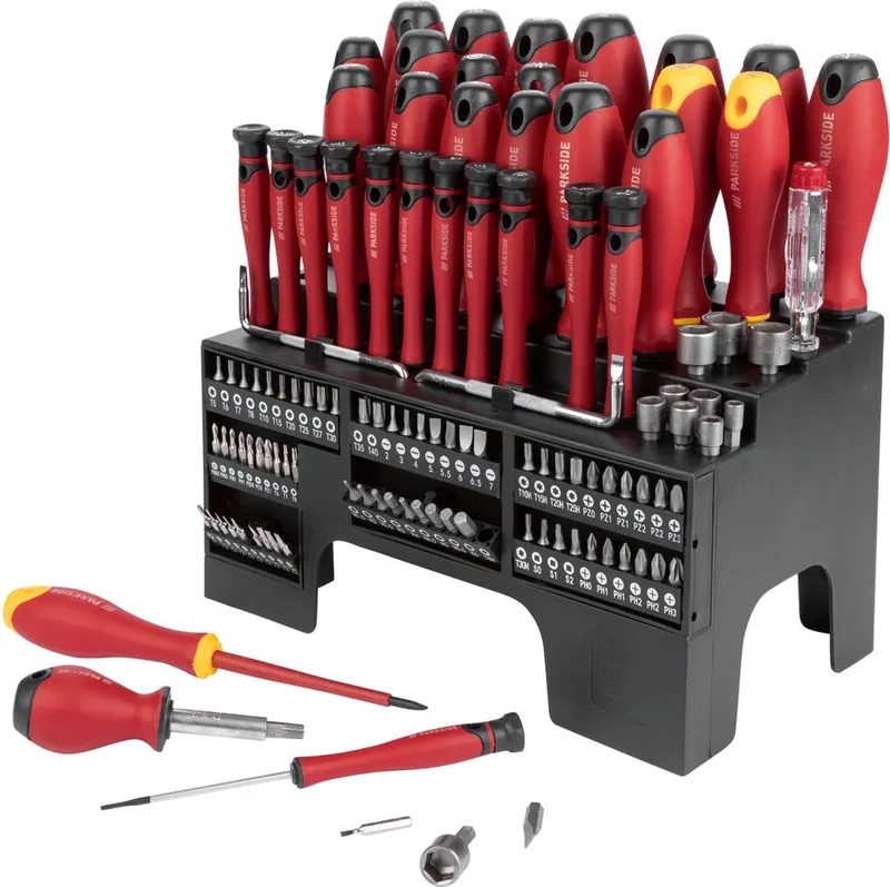 Schroevendraaier en Bitset XXL - Set: 116 delig - Kenmerk: magnetische punt - Met aanduiding van de nominale maat - Ergonomisch gevormde handgrepen - Bitvakken met drukopening/-sluiting van Parkside, Groen – productafbeelding