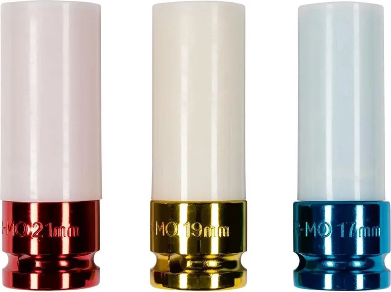 Slagschroevendraaier-adapters - Krachtdoppenset 17mm - 19mm - 21mm - Dopsleutels, speciaal voor automoeren in de maten: 17/19/21 - Beschermende omhulsel van kunststof Ideaal voor aluminium velgen de Parkside, Or – image du produit