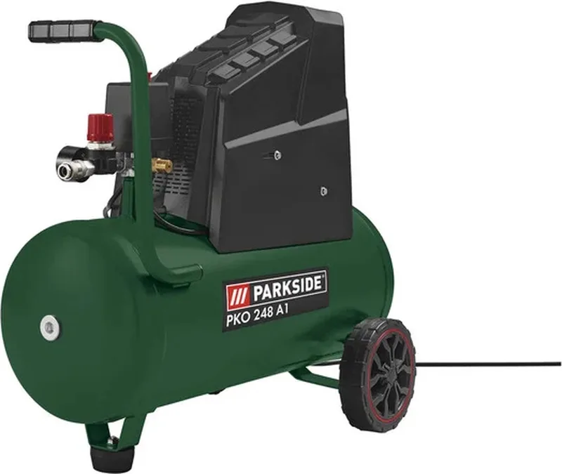 Stille compressor 24 L - Vermogen: 1500 W - Druk: regelbaar tot 10 bar - Toerental: 2850 min - Aanzuigvermogen: 214 l/min. - 69,5 dB - Olievrije motor - Voorzien van 2 manometers - Extra tweede aansluiting aanwezig van Parkside, Groen – productafbeelding