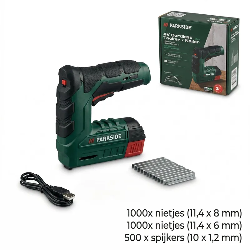 Tacker - Nietpistool - Spijkerpistool - Elektrisch spijkerpistool - Handtacker - Nagelpistool - Oplaadbare accu - 2000 nietjes - 500 spijkers - nietpistool met nietjes van Parkside – productafbeelding