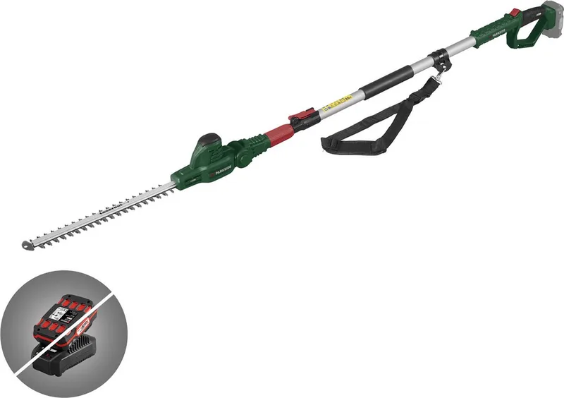 Telescopische Accu heggenschaar - 20 V - Toerental: ca. 2300 tpm - Snijlengte: ca. 41 cm - Takdikte: max. 12 mm - Accu en snellader niet meegeleverd - Voor comfortabel, snoerloos snijden tot 4 m hoogte de Parkside – image du produit