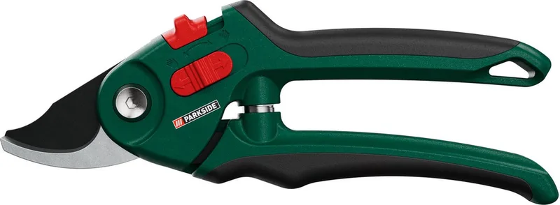 Tuinschaar - Bypass Snoeischaar - Materiaal lemmet: koolstofstaal - Afmetingen: 20,5 x 6,8 x 2,2 cm - Aanpassing aan de handen door verstelbare openingsbreedte - Aangenaam werken door antislip comforthandvatten - Eénhands veiligheidssluiting by Parkside – product image