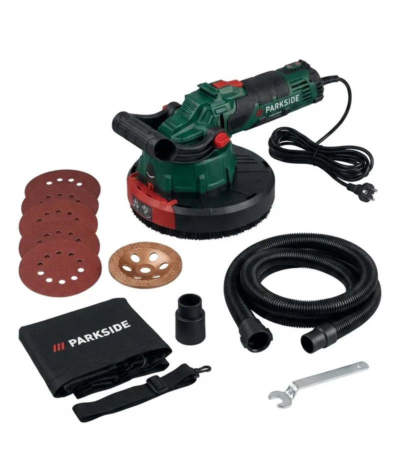 Wand-/vloerbewerkingssysteem - Wandschuurmachine en vloerschuurmachine - 1050W - 180mm - 2 eenvoudig verwisselbare opzetstukken - Geïntegreerde afzuigfunctie met stofopvangzak (25 l) en uittrekbare afzuigslang (1-3,5 m) von Parkside – Produktbild