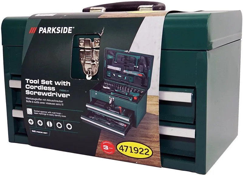 Werkzeugset Werkzeugkiste mit Akkuschrauber 92teilig PWBM A1 Metallkoffer, inkl. Akkuschrauber fra Parkside, Grøn – produktbillede 4 af 4