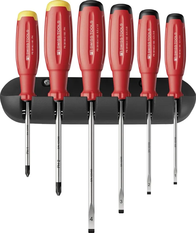 Schroevendraaierset 6-delig sleuf PH op wandhouder SwissGrip EVO PB Swiss von PB Swiss Tools – Produktbild