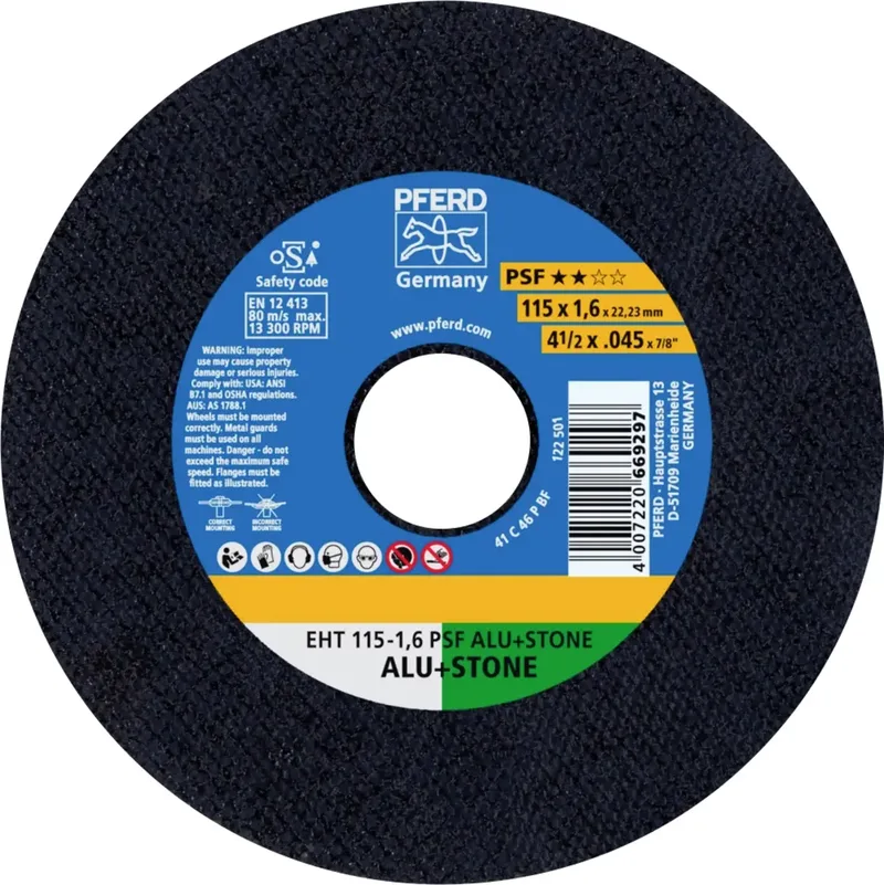 EHT 115-1,6 PSF ALU+STONE 61818021 Trennscheibe gerade 115 mm 25 St. Aluminium, NE-Metalle, Titan, Titanlegierung, Gusseisen, Duroplast, Stein de PFERD – image du produit 1 sur 2