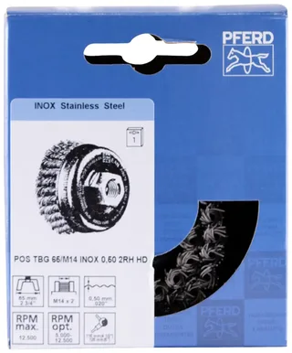 POS Topfbürste 2-reihig gezopft TBG HD Ø 65 mm M14 Edelstahl-Draht-Ø 0,50 mm Winkelschleifer POS TBG 65/M14 INOX 0,50 2RH HD 43305033 1 St. van PFERD – productafbeelding 2 van 2