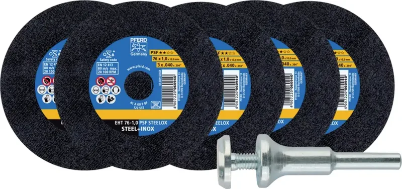 TOOLS 5x Trennscheiben EHT 76x1,0x10 mm gerade PSF STEELOX für Stahl/Edelstahl mit 1x Aufspannbolzen von PFERD – Produktbild 1 von 2