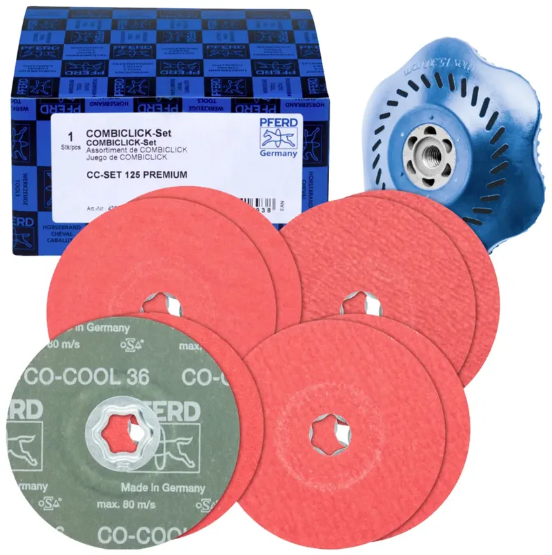 TOOLS 42098002 COMBICLICK-Fiberscheiben-Set Keramikkorn Ø125mm CO-COOL 36, 60, 80, 120 mit CC-H-GT-Stützteller für Edelstahl Durchmesser 125 mm by PFERD – product image 1 of 2