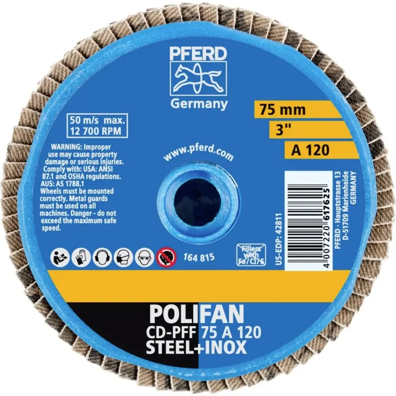 TOOLS 42719212 CD PFF 75 A 120 Fächerschleifscheibe Durchmesser 75 mm Körnung (num) 120 Bronze, Titan, Titanlegierung, Kupfer, Messing, Edelstahl von PFERD – Produktbild 2 von 2