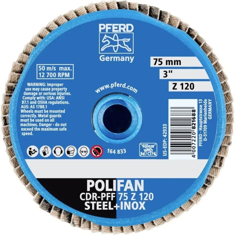 TOOLS 42719712 CD PFF 75 Z 120 Fächerschleifscheibe Durchmesser 75 mm Körnung (num) 120 Kobaltbasislegierung, Bronze, Titan, Kupfer, Messing, Edelstahl von PFERD – Produktbild 2 von 2