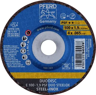 TOOLS 62010630 E 100-1,9 PSF DUO STEELOX/16,0 Schruppscheibe gekröpft Durchmesser 100 mm Bohrungs-Ø 16 mm Edelstahl, Stahl, Zunder 10 St. by PFERD – product image 1 of 2