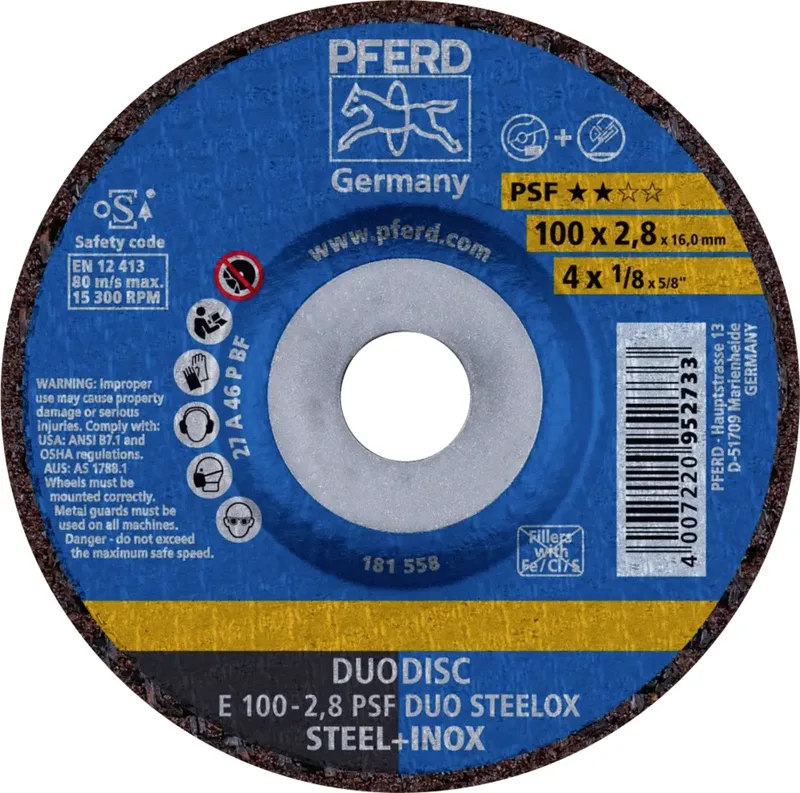 TOOLS 62010632 E 100-2,8 PSF DUO STEELOX/16,0 Schruppscheibe gekröpft Durchmesser 100 mm Bohrungs-Ø 16 mm Edelstahl, Stahl, Zunder 10 St. by PFERD – product image 1 of 2