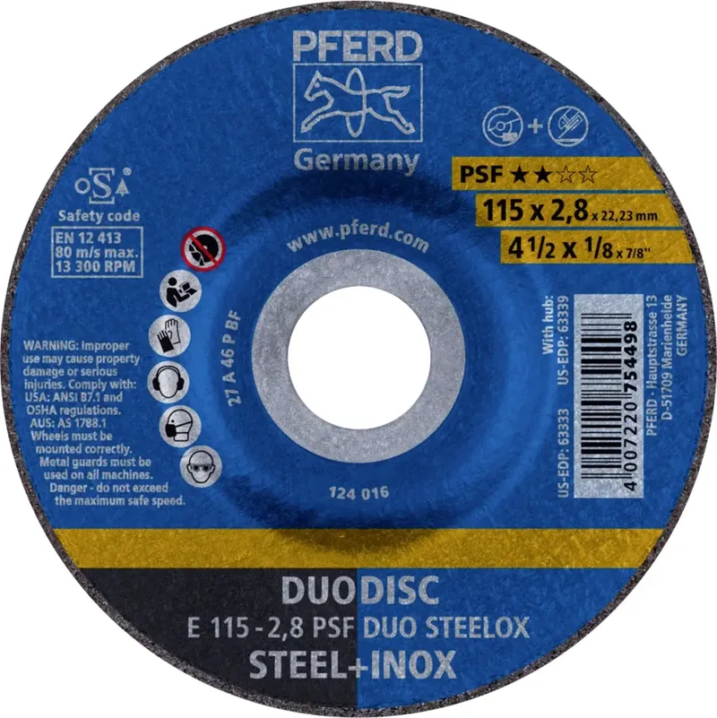TOOLS 62011620 E 115-2,8 PSF DUO STEELOX Schruppscheibe gekröpft Durchmesser 115 mm Bohrungs-Ø 22.23 mm Edelstahl, Stahl, Zunder 10 St. von PFERD – Produktbild 1 von 2