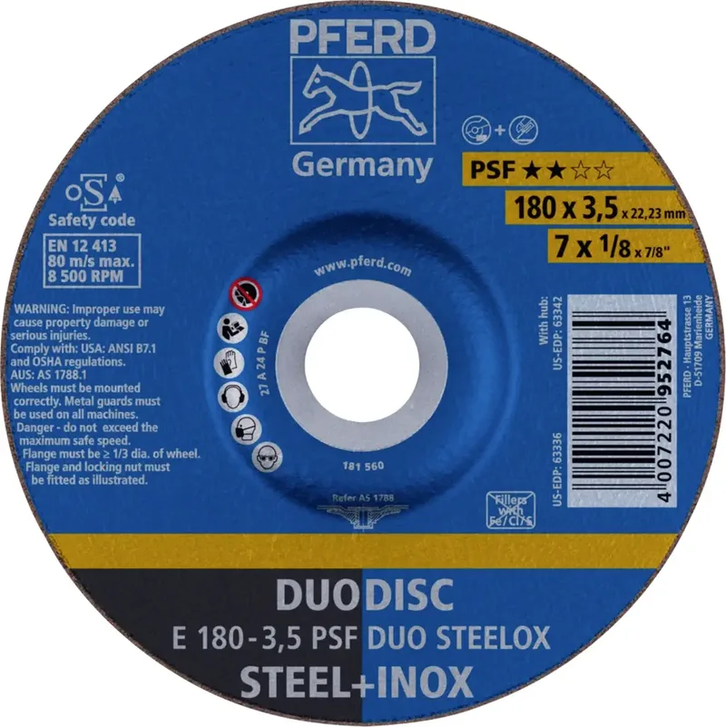 TOOLS 62017420 E 180-3,5 PSF DUO STEELOX Schruppscheibe gekröpft Durchmesser 180 mm Bohrungs-Ø 22.23 mm Edelstahl, Stahl, Zunder 10 St. von PFERD – Produktbild