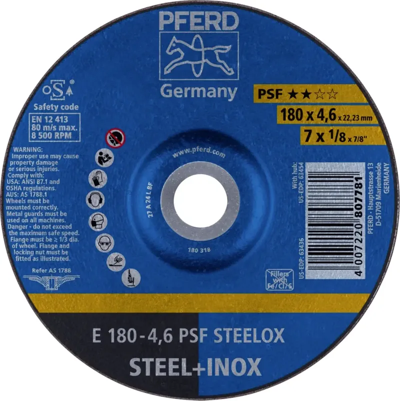 TOOLS 62017520 E 180-4,6 PSF STEELOX Schruppscheibe gekröpft Durchmesser 180 mm Bohrungs-Ø 22.23 mm Edelstahl, Stahl 10 St. von PFERD – Produktbild