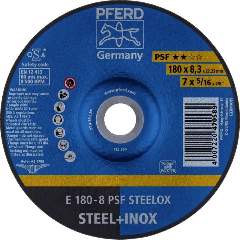 TOOLS 62017831 E 180-8 PSF STEELOX Schruppscheibe gekröpft Durchmesser 180 mm Bohrungs-Ø 22.23 mm Edelstahl, Stahl 10 St. von PFERD – Produktbild