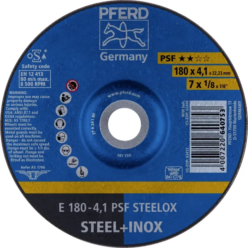 TOOLS 62017950 E 180-4,1 PSF STEELOX Schruppscheibe gekröpft Durchmesser 180 mm Bohrungs-Ø 22.23 mm Edelstahl, Stahl 10 St. von PFERD – Produktbild