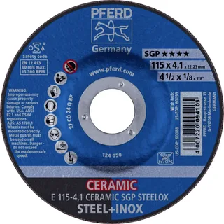 TOOLS 62100115 E 115-4,1 CERAMIC SGP STEELOX Schruppscheibe gekröpft Durchmesser 115 mm Bohrungs-Ø 22.23 mm Edelstahl, Stahl 10 St. by PFERD – product image 1 of 2