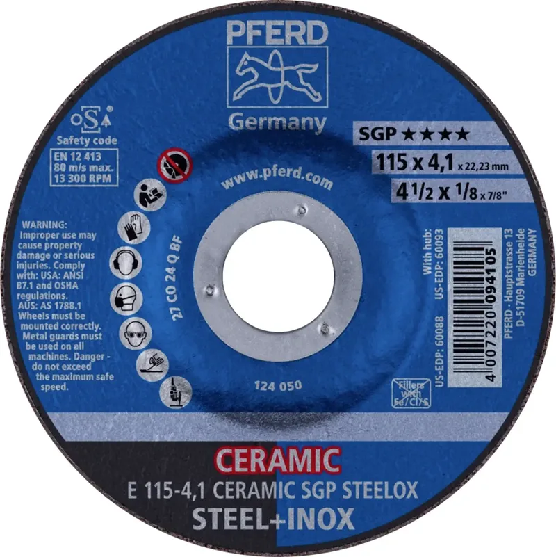TOOLS 62100115 E 115-4,1 CERAMIC SGP STEELOX Schruppscheibe gekröpft Durchmesser 115 mm Bohrungs-Ø 22.23 mm Edelstahl, Stahl 10 St. by PFERD – product image 1 of 2
