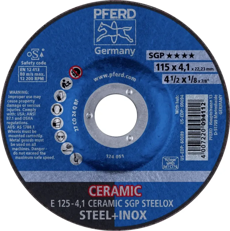 TOOLS 62100125 E 125-4,1 CERAMIC SGP STEELOX Schruppscheibe gekröpft Durchmesser 125 mm Bohrungs-Ø 22.23 mm Edelstahl, Stahl 10 St. de PFERD – image du produit 1 sur 2