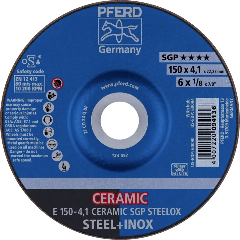 TOOLS 62100150 E 150-4,1 CERAMIC SGP STEELOX Schruppscheibe gekröpft Durchmesser 150 mm Bohrungs-Ø 22.23 mm Edelstahl, Stahl 10 St. von PFERD – Produktbild 1 von 2