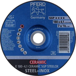 TOOLS 62100180 E 180-4,1 CERAMIC SGP STEELOX Schruppscheibe gekröpft Durchmesser 180 mm Bohrungs-Ø 22.23 mm Edelstahl, Stahl 10 St. by PFERD – product image 1 of 2