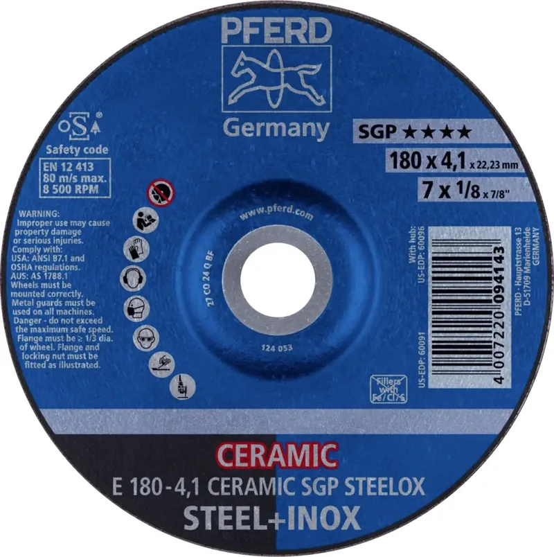 TOOLS 62100180 E 180-4,1 CERAMIC SGP STEELOX Schruppscheibe gekröpft Durchmesser 180 mm Bohrungs-Ø 22.23 mm Edelstahl, Stahl 10 St. by PFERD – product image 1 of 2