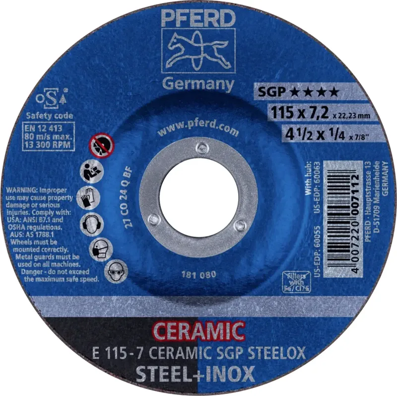 TOOLS 62211300 E 115-7 CERAMIC SGP STEELOX Schruppscheibe gekröpft Durchmesser 115 mm Bohrungs-Ø 22.23 mm Edelstahl, Stahl 10 St. by PFERD – product image