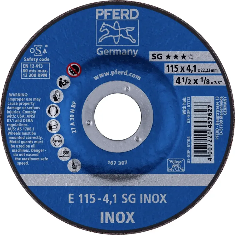 TOOLS 62211423 E 115-4,1 SG INOX Schruppscheibe gekröpft Durchmesser 115 mm Bohrungs-Ø 22.23 mm Edelstahl 10 St. von PFERD – Produktbild