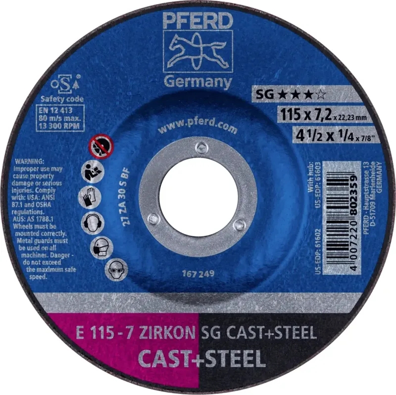 TOOLS 62211747 E 115-7 ZIRKON SG CAST+STEEL Schruppscheibe gekröpft Durchmesser 115 mm Bohrungs-Ø 22.23 mm Grau-/Sphäroguss, Stahl, Stahlguss 10 St. by PFERD – product image 1 of 2