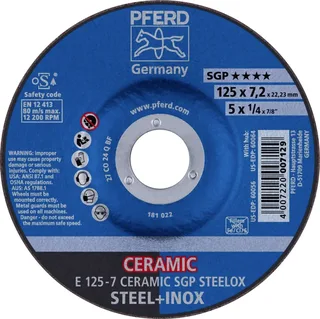 TOOLS 62212300 E 125-7 CERAMIC SGP STEELOX Schruppscheibe gekröpft Durchmesser 125 mm Bohrungs-Ø 22.23 mm Edelstahl, Stahl 10 St. by PFERD – product image 1 of 2