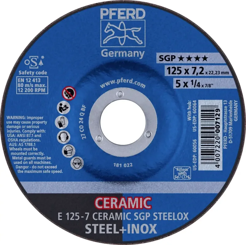 TOOLS 62212300 E 125-7 CERAMIC SGP STEELOX Schruppscheibe gekröpft Durchmesser 125 mm Bohrungs-Ø 22.23 mm Edelstahl, Stahl 10 St. van PFERD – productafbeelding